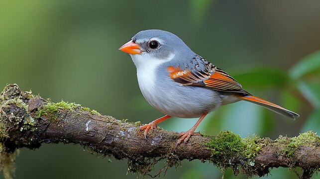 Small gray bird with orange beak perched on mossy branch