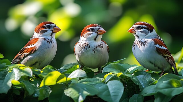 Three small birds perched on lush green foliage sunlight outdoors
