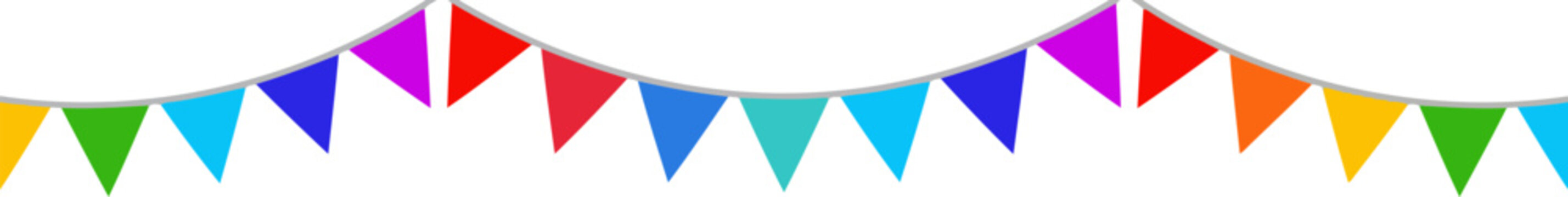Colorful party bunting flags vector, festive rainbow pennant banner set, decorative hanging garland for birthday celebration and carnival events