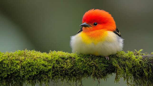 Vibrant bird perched on moss covered branch close up nature detail