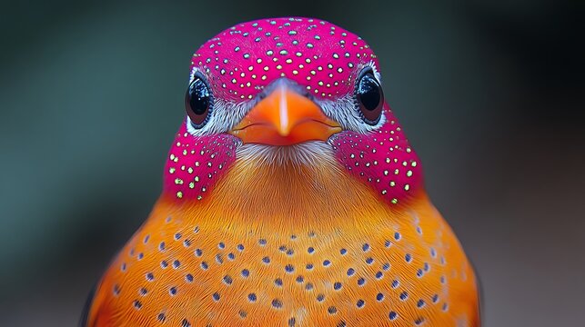 Close up of a small colorful bird with bright orange and pink plumage