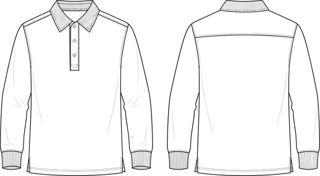 Fashion design technical sketch of a classic long sleeve polo shirt with ribbed cuffs and button placket