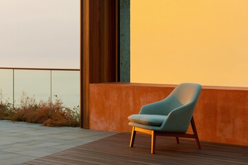 Obraz premium Minimalist modern lounge chair on a balcony at sunset with ocean view for interior background and banner design
