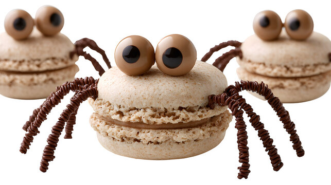 Creative brown macaron spider cookies with googly eyes isolated on transparent background