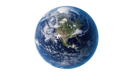 Isolated realistic Earth globe focused on North America continent with visible clouds and blue oceans © Conor