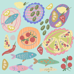 Fototapeta premium Hand-drawn Italian food illustration with pizza, fish and tomatoes on checkered tablecloth, trendy neon pastel style, modern graphic