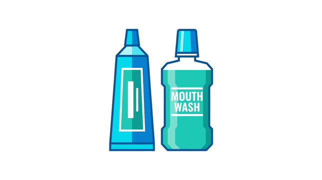 Vector illustration of toothpaste tube and mouthwash bottle for daily dental hygiene and oral care routine isolated on white background