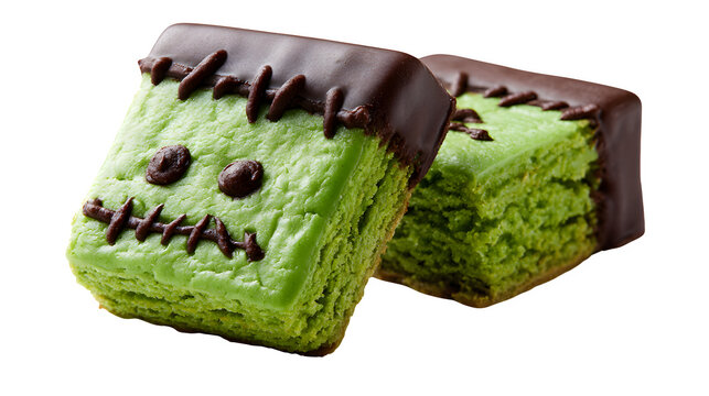 Green Frankenstein monster cookies with chocolate frosting for treats isolated on transparent background