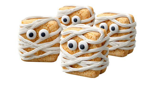 mummy cookies with googly eyes and white frosting isolated on transparent background