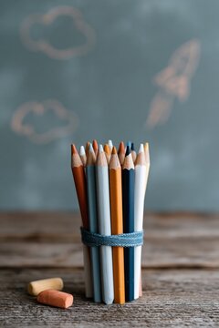 Bundle of colored pencils in a holder on a wooden table with chalkboard rocket and cloud doodles for school poster and education background