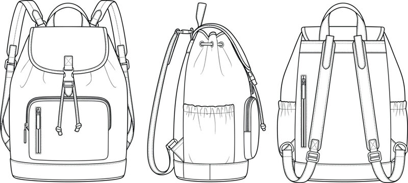 Fashion design technical sketch of a modern drawstring backpack with front pocket and adjustable shoulder strap details