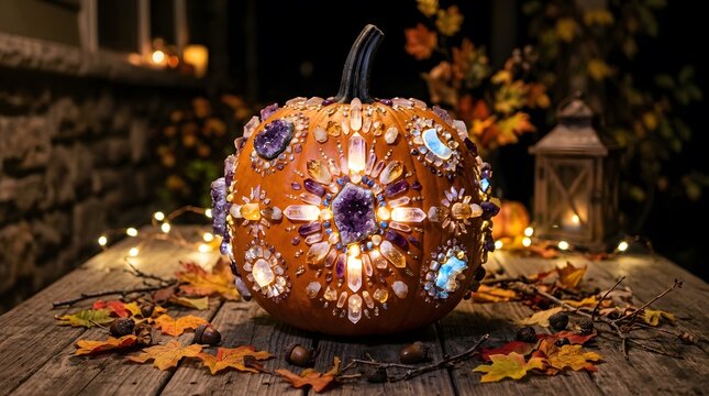 Jeweled pumpkin decorated with crystals. Luxury Halloween decor with gemstones and lights.