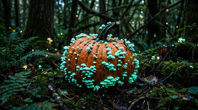 Pumpkin covered in glowing mushrooms in forest. Fantasy autumn harvest in dark woods.