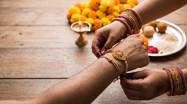 Woman tying rakhi on brother's wrist during Raksha Bandhan celebration with festive decorations