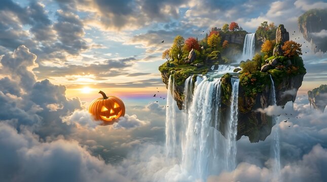 Floating island with waterfalls at sunset. Fantasy landscape with a glowing Halloween pumpkin.