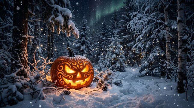 Glowing Halloween pumpkin in snowy forest. Jack-o-lantern in winter woods at night.