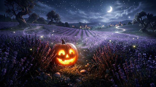 Glowing jack-o'-lantern in a lavender field. Halloween pumpkin at night under moonlight.