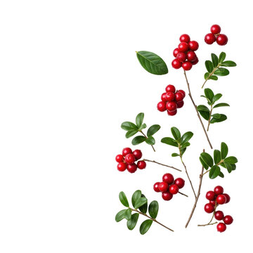 Vibrant red lingonberries, fresh dark green leaves, and delicate brown twigs artfully scattered on a transparent background, photorealistic flat lay. Concept of wholesome goodness