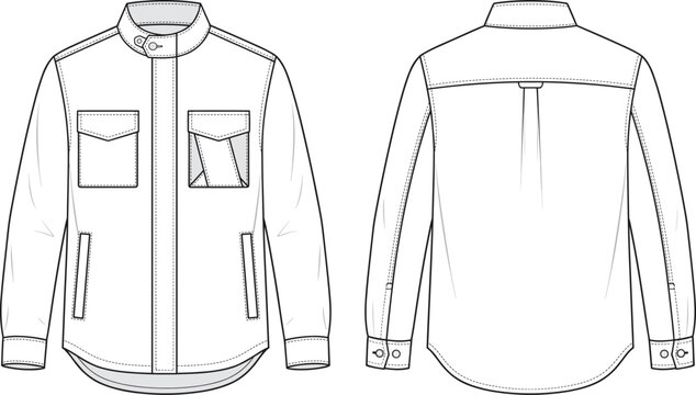 Fashion design technical sketch of a utility shirt jacket with mandarin collar and multiple front pockets