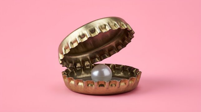 Pearl Oyster Shell Treasure Concept Of A Bottle Cap Resembling An Open Oyster Shell With A Pearl Inside Representing Beauty Value And The Discovery Of Rare Gems On A Pink Background