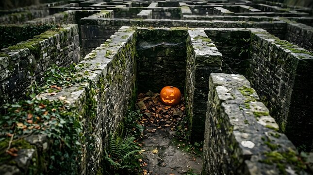 Carved Halloween pumpkin in a stone maze. Spooky jack-o-lantern inside an old garden hedge.