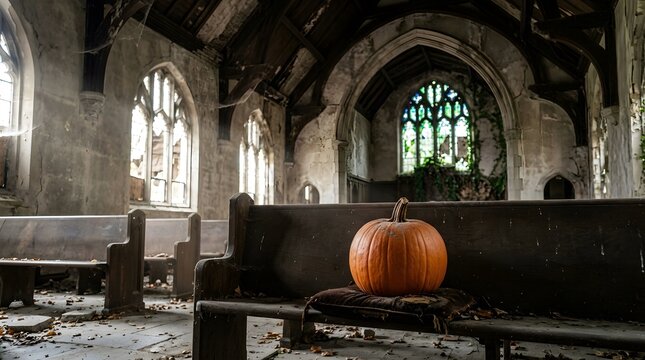 Orange pumpkin on a wooden pew in an abandoned church. Spooky Halloween decor in ruins.