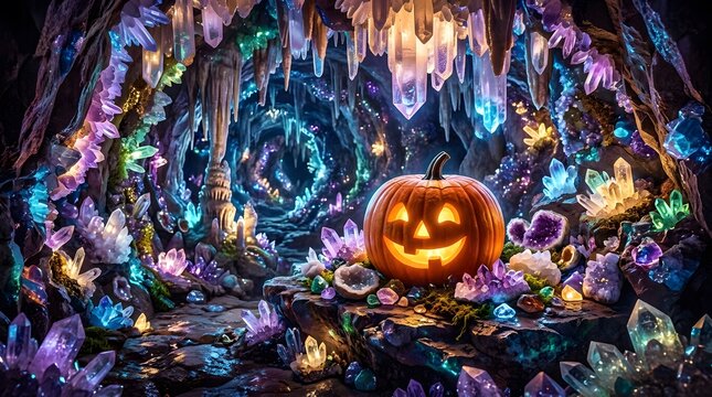 Glowing Halloween pumpkin in crystal cave. Jack-o-lantern inside a magical gemstone grotto.