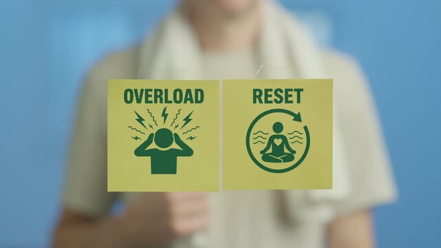 Out of focus person with a towel around their neck places two sticky notes on a glass pane, one representing mental overload and the other signifying a peaceful reset and well being