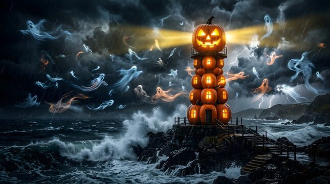Halloween pumpkin lighthouse at night. Spooky jack-o-lantern tower with ghosts and sea.