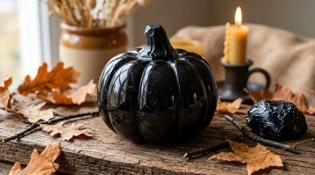 Black pumpkin decor for Halloween. Autumn table centerpiece with candle and dried leaves.