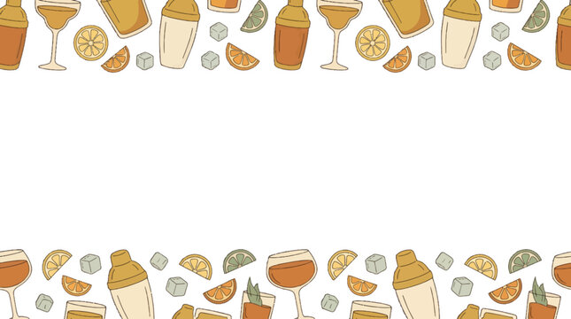 Cocktail bar horizontal border banner template with drinks and ingredients flat vector
