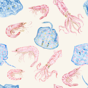 Watercolor Coastal Seafood Seamless Pattern with Shrimp, Squid and Stingrays
