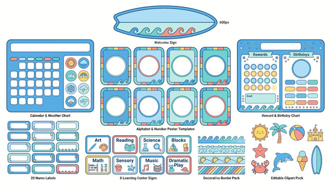 Bright Ocean Themed Classroom Decoration and Organization Kit for Preschool Learning Environments