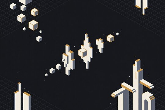 Isometric digital composition with floating white cubes and geometric structures on a dark background, with a subtle, grid pattern overlay