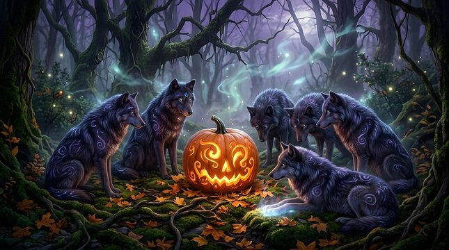 Wolves surrounding a glowing jack-o'-lantern. Pack of wild wolves in a spooky forest.