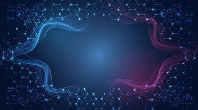 Abstract digital background with glowing hexagonal molecular structures and integrated user interface data elements for scientific research and high-tech innovation presentations