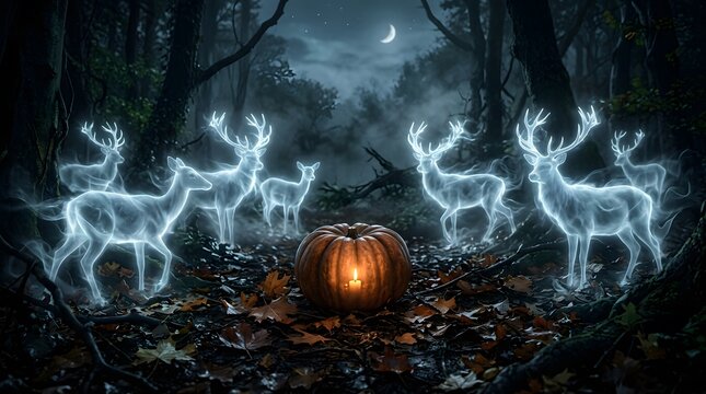 Glowing ghost deer in dark forest. Ethereal stags surrounding a lit Halloween pumpkin.