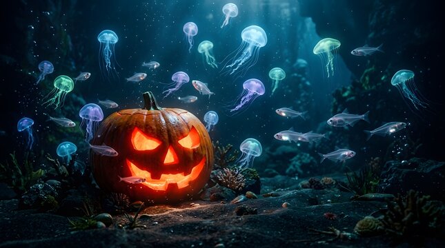 Glowing Halloween pumpkin underwater. Jack-o-lantern surrounded by bioluminescent jellyfish.
