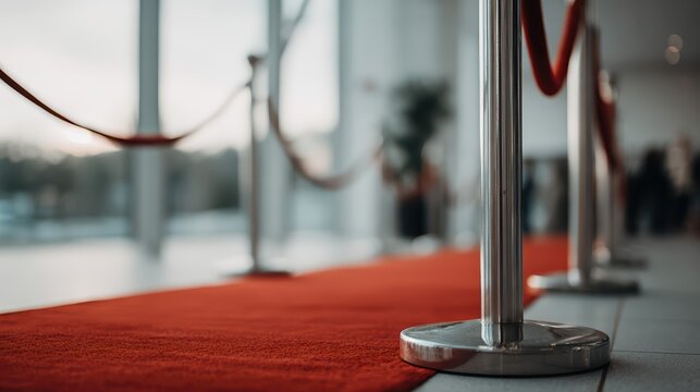 Ultra realistic close-up of a red velvet carpet and polished stanchions in a modern event hall. Rich textures and subtle reflections evoke VIP luxury entrance.