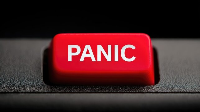 Macro image of a red panic button with illuminated letters. This emergency button symbolizes urgent alert, crisis response, and immediate action.