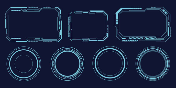 Futuristic sci-fi HUD frames and radar circles set with tech UI interface elements. Vector illustration of abstract digital cyber callout box border collection, modern gaming information display.