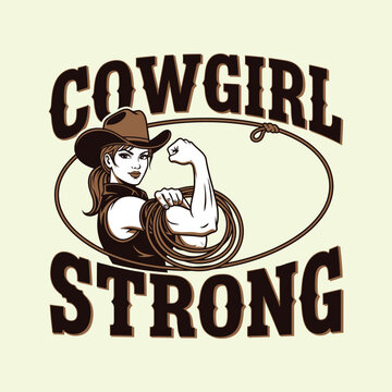 Strong cowgirl flexing her arm with a lasso rope illustration