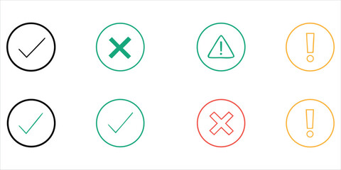 Check Mark, Cross Mark, Warning and Alert Line Icons Set. Approval, Rejection and Notification Symbols Vector Collection © Deluwer