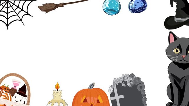 Halloween Magic Border Frame Loop Animation with Potion, Witch Hat, Pumpkin, Skull and Black Cat