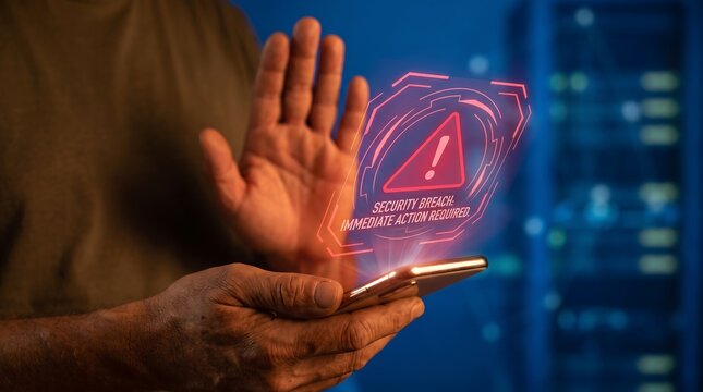 Individual holding smartphone showing red security alert and system breach warning while making stop gesture to symbolize proactive digital defense and data security