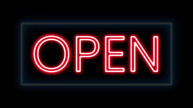 We're Open Neon Sign Background Seamless. animation of a neon open sign blinking for night storefront, restaurant, motel and night business. neon open sign. Animated Neon We're Open Sign..