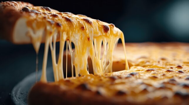 A pizza slice is lifted, creating a dramatic cheese pull with gooey melted cheese stretching high. Cinematic lighting and rich detail emphasize its irresistible appeal.