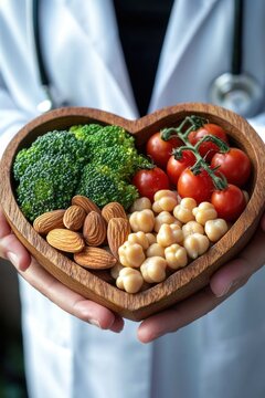 Medical professional holding a heart-shaped wooden bowl filled with broccoli, cherry tomatoes, almonds and chickpeas, conveying care and heart-healthy nutrition