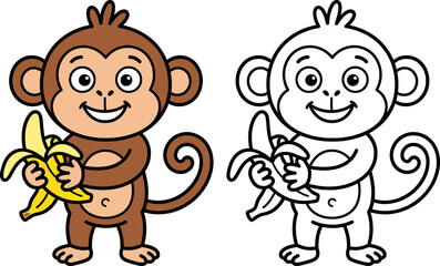 Fototapeta premium Cute cartoon monkey holding a banana, brown primate character vector illustration, coloring book page for kids, smiling jungle animal mascot