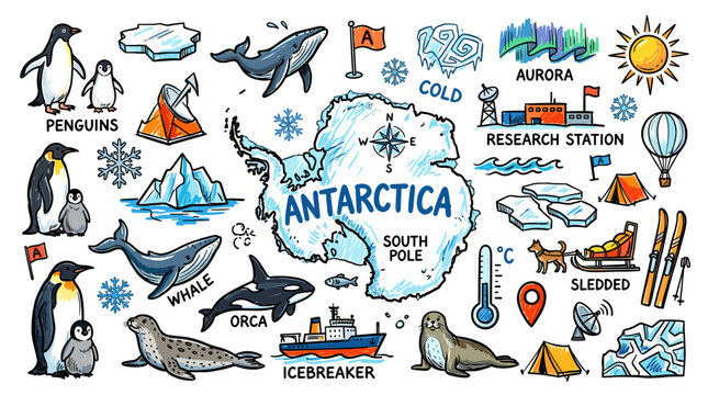 Antarctica Map and Wildlife in Colorful Educational Doodle Style